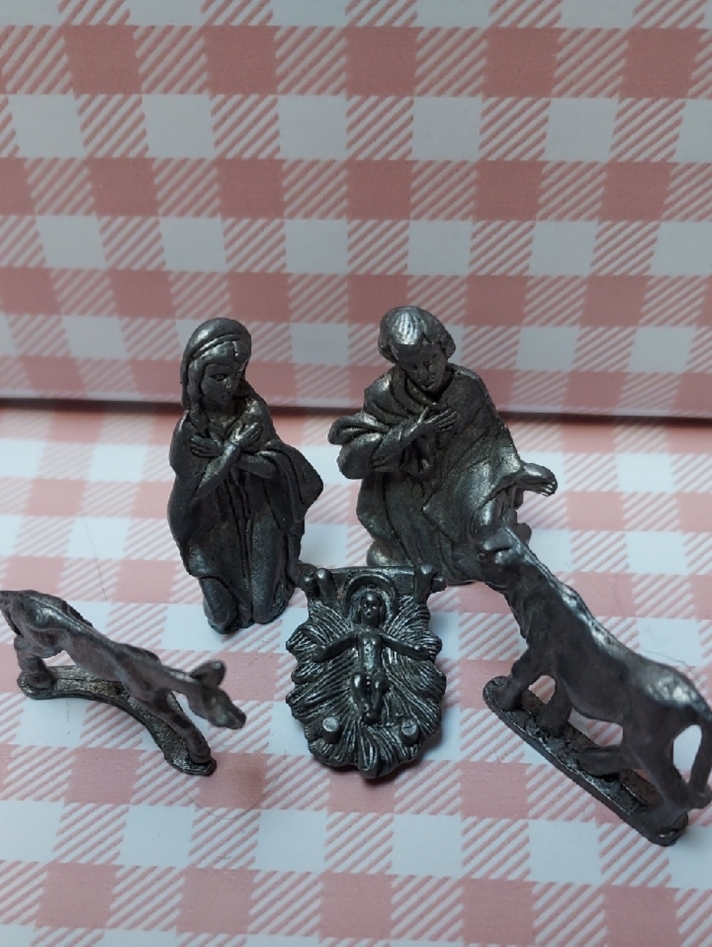 Collection Of 5 Miniature Pewter Figurines Baby Jesus Nativity Animals